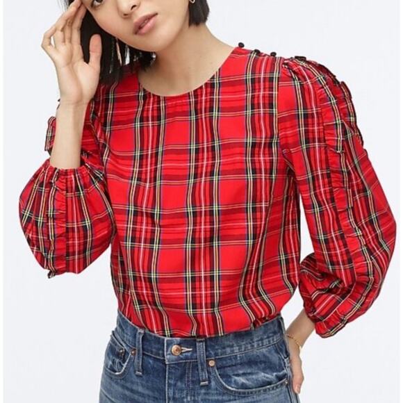 J. CREW Women Red Tartan Plaid Ruffled Puff Sleeves Steward Blouse XXS 2394 - Picture 1 of 9